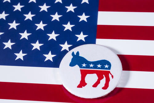 The Donkey symbol of the Democrat Party, with the American flag behind it